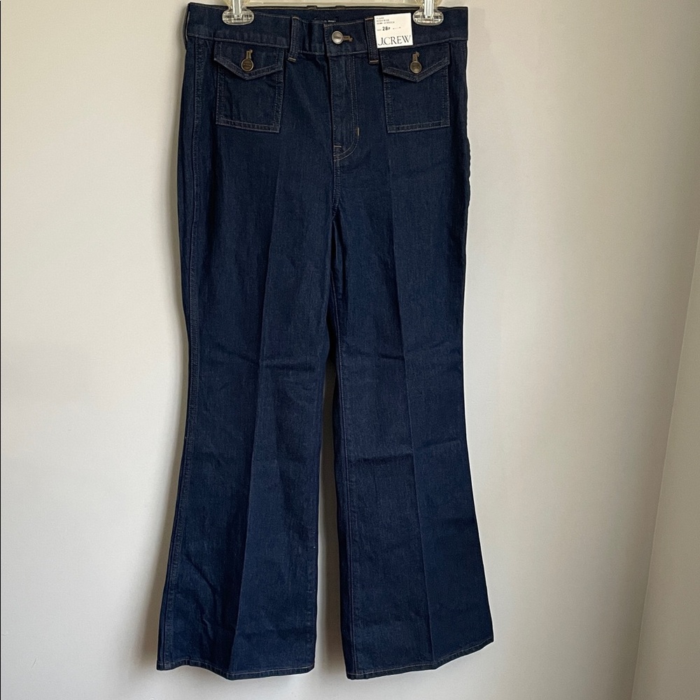New J. Crew Flare High Rise Semi Stretch Blue Jeans Size 28 Petite